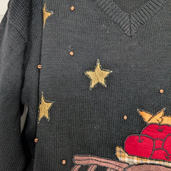 Vintage Apple Picking Sweater Womens Size Large Black Beaded V Neck Pullover - Picture 3 of 10